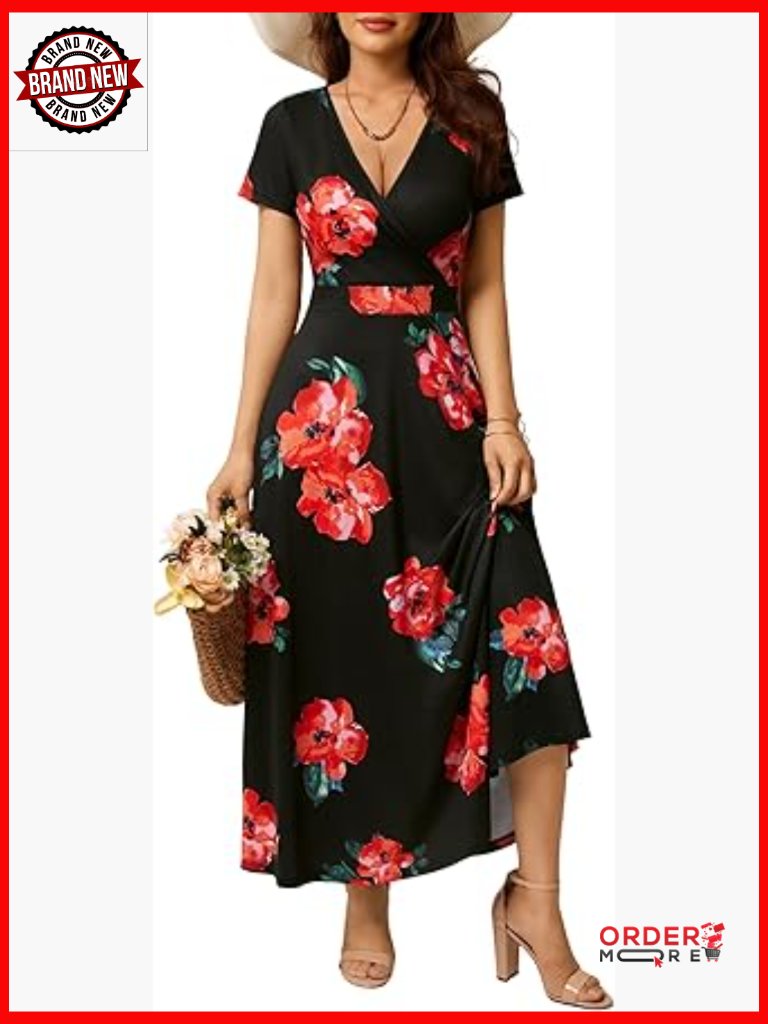 Short Sleeve Wrap V Neck Maxi Dress With Pockets Boho